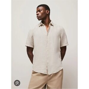 THOM AARON Mens Linen Short Sleeve Button Down Shirt Natural Beige Size S